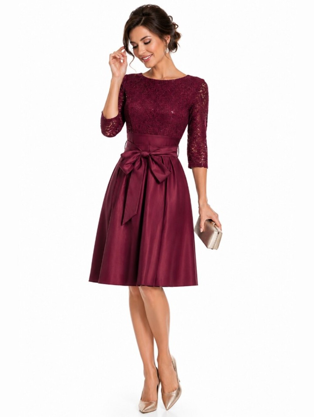 NWT Elegant Burgundy Lace A-Line Dress with Bow Waist SZ8